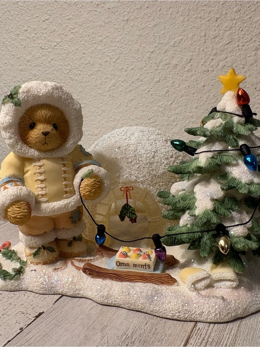 Cream Bear and Green Tree Holiday Figurine with String Lights